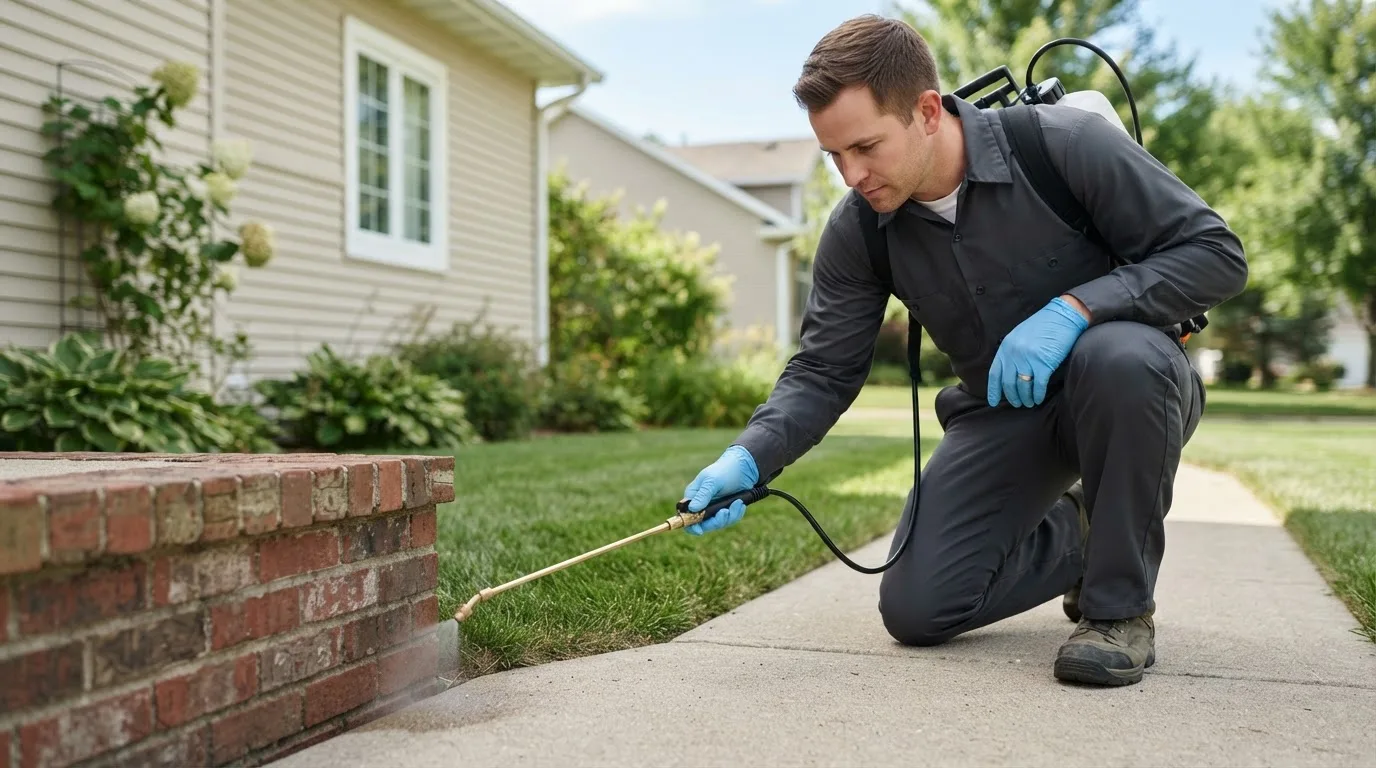 Pest control technician treating a home near Milford, IN
